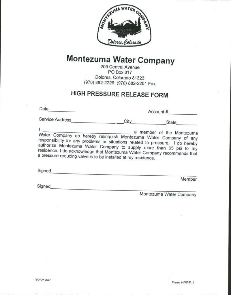 High Pressure Release Form