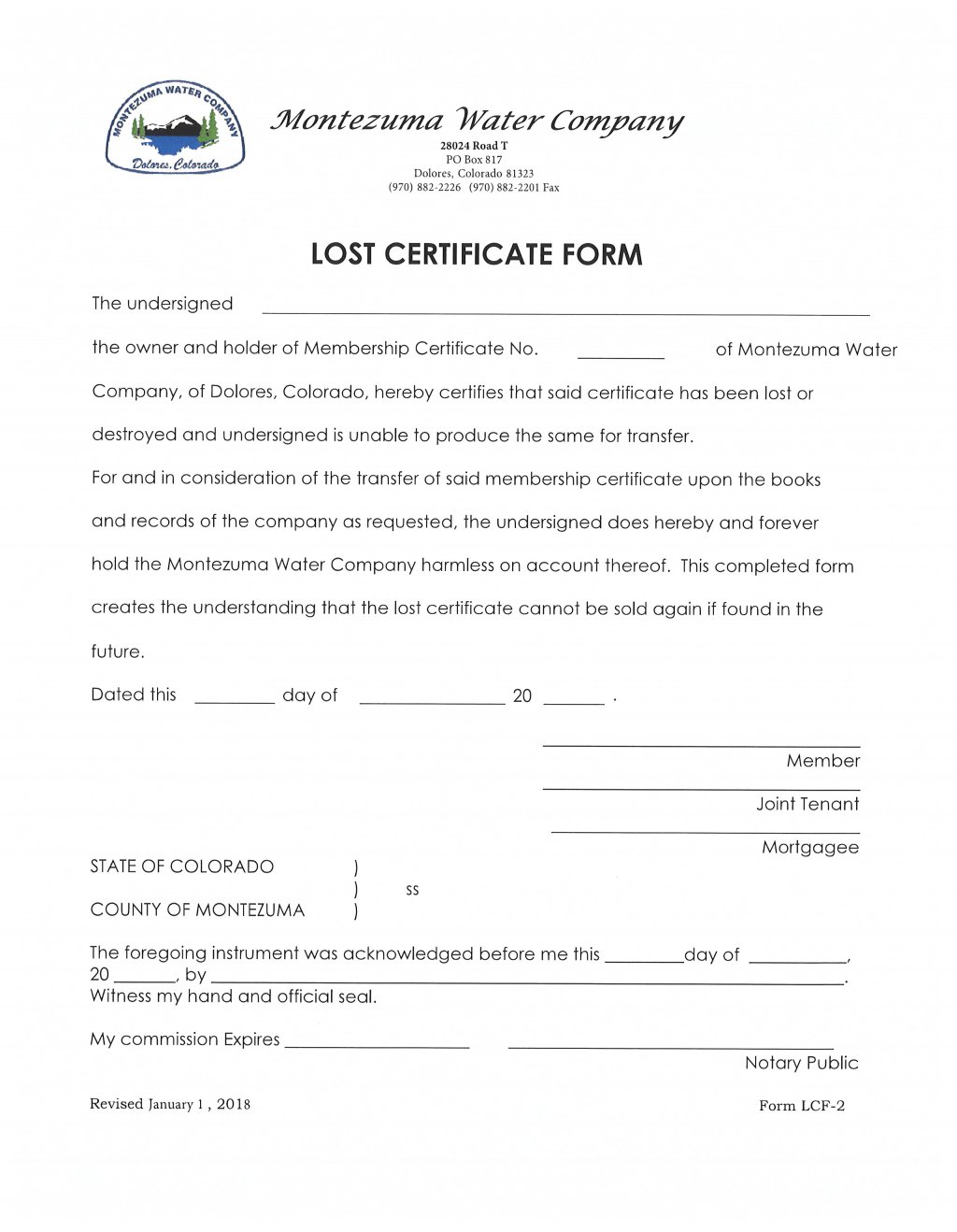 Lost Certificate Form Montezuma Water Company