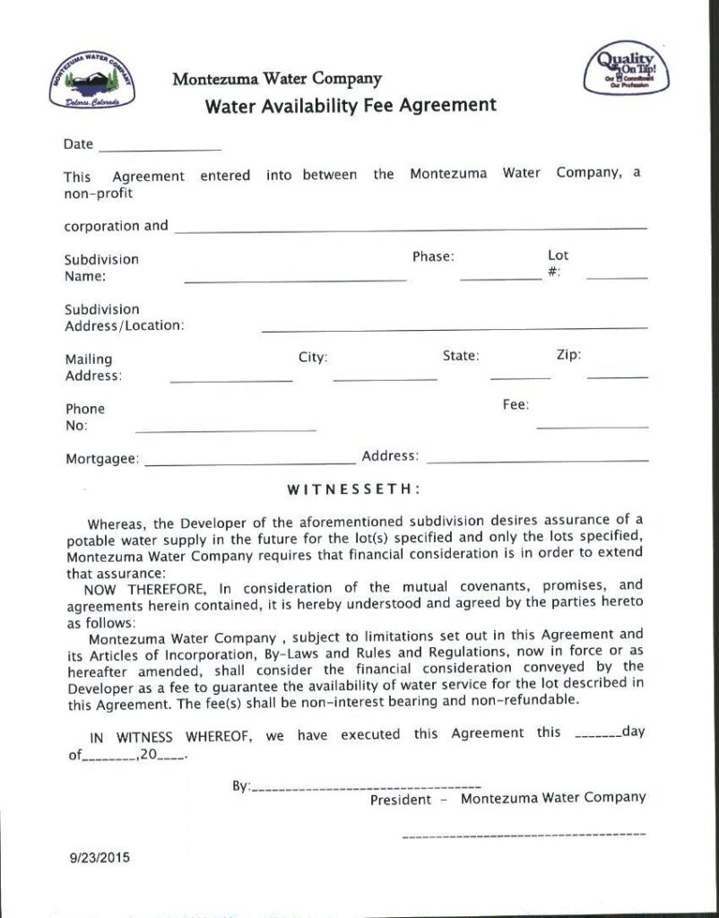 Water Availability Fee Form