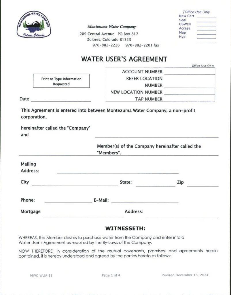 Water Users Agreement Form