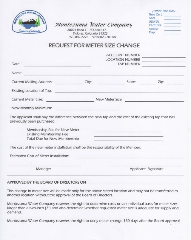 Request for Meter Size Change Form