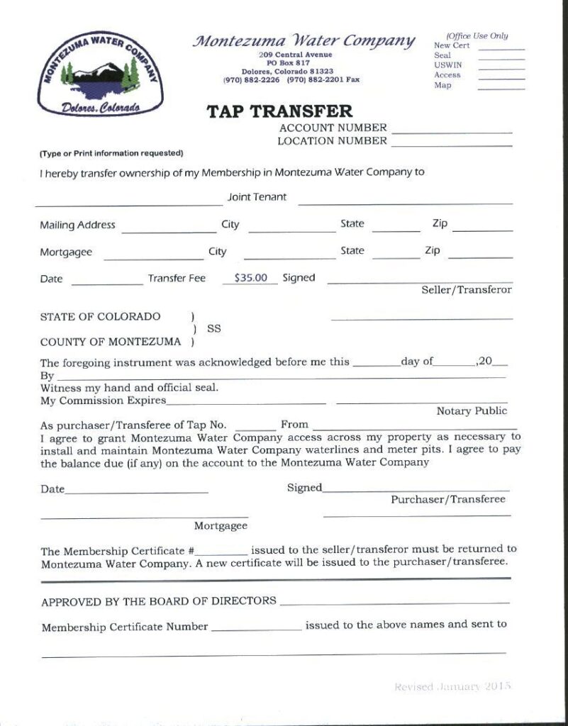 Tap Transfer Form